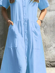 Button Front Short Sleeve Midi Dress