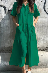 Button Front Short Sleeve Midi Dress Dark Green / S