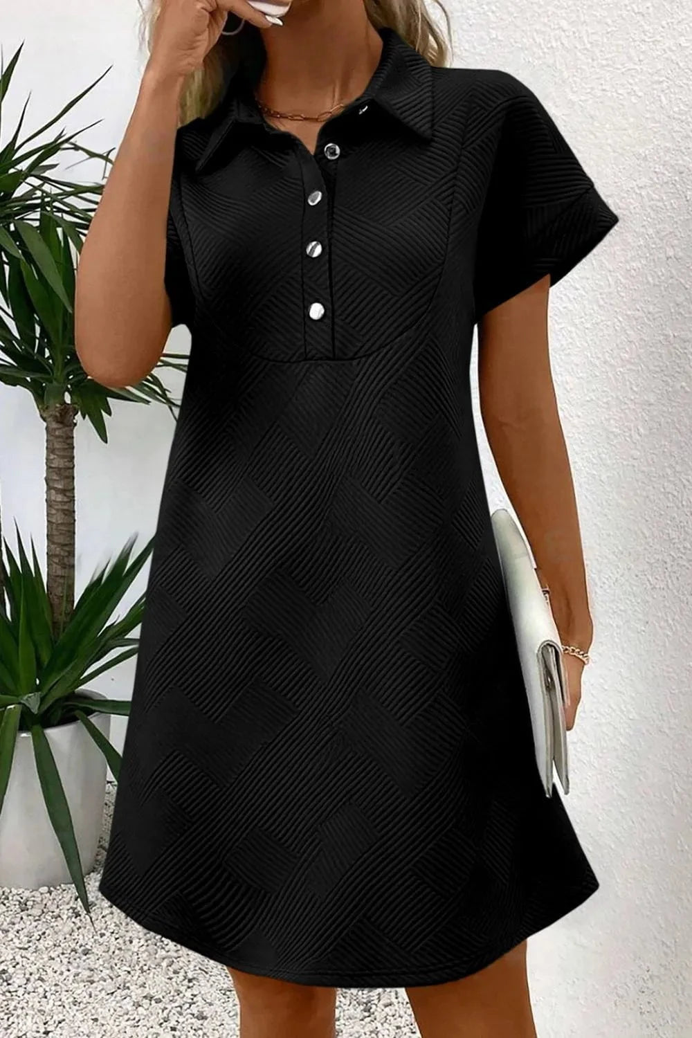Button Front Short Sleeve Mini Dress Black / S