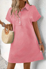 Button Front Short Sleeve Mini Dress Dusty Pink / S