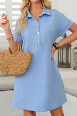 Button Front Short Sleeve Mini Dress Light Blue / S
