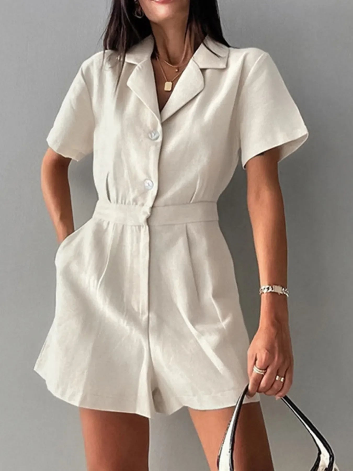 Button-Front Short Sleeve Romper Beige / S