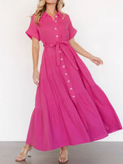 Button Front Short Sleeve Shirt Dress Rose Red / S