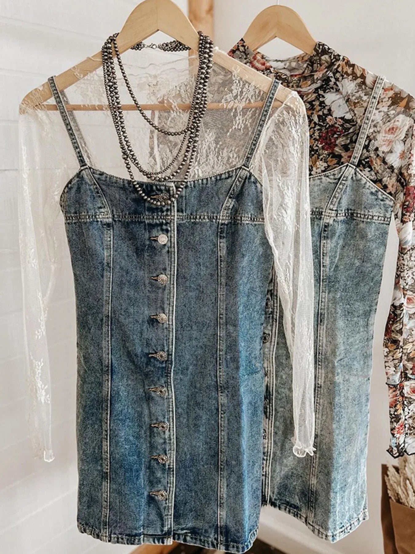 Button Front Square Neck Denim Dress