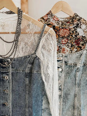 Button Front Square Neck Denim Dress