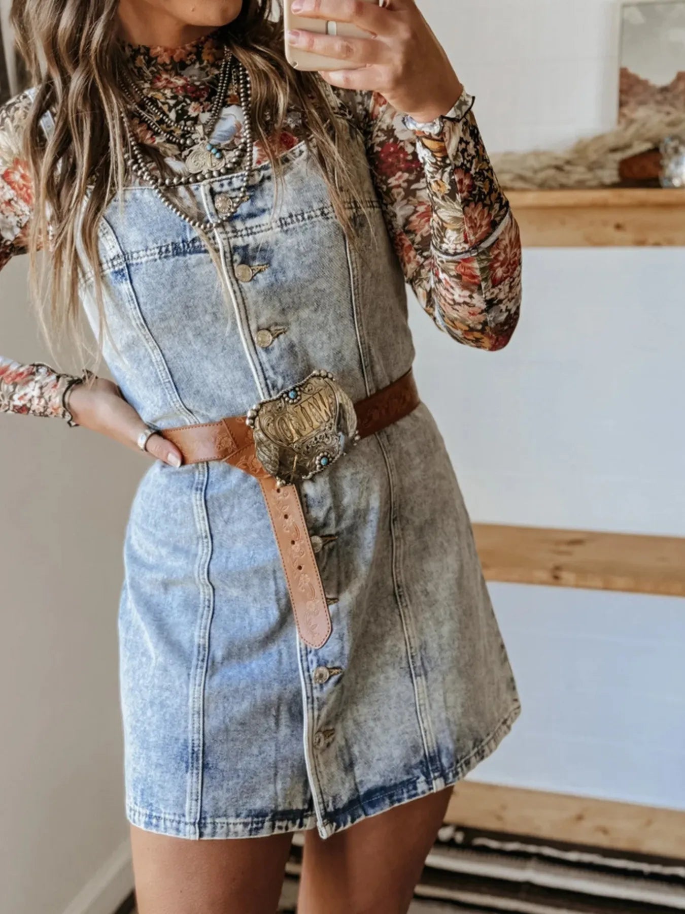 Button Front Square Neck Denim Dress