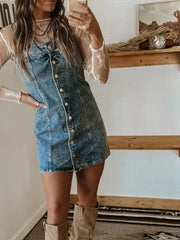 Button Front Square Neck Denim Dress