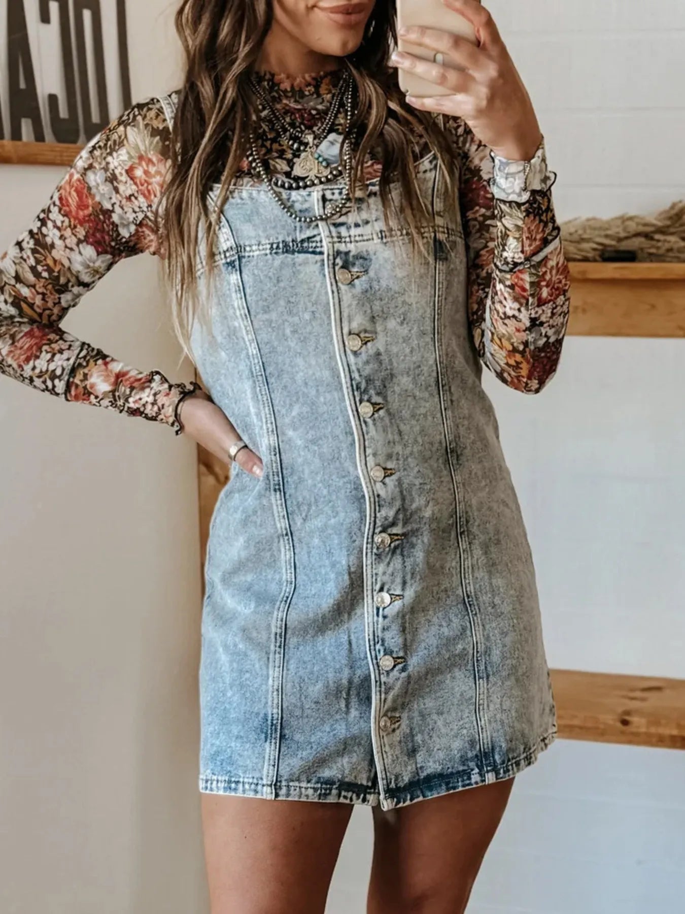 Button Front Square Neck Denim Dress Light Blue / S