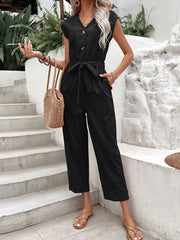 Button-Front Tie Waist Jumpsuit