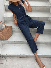 Button-Front Tie Waist Jumpsuit