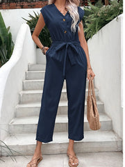 Button-Front Tie Waist Jumpsuit