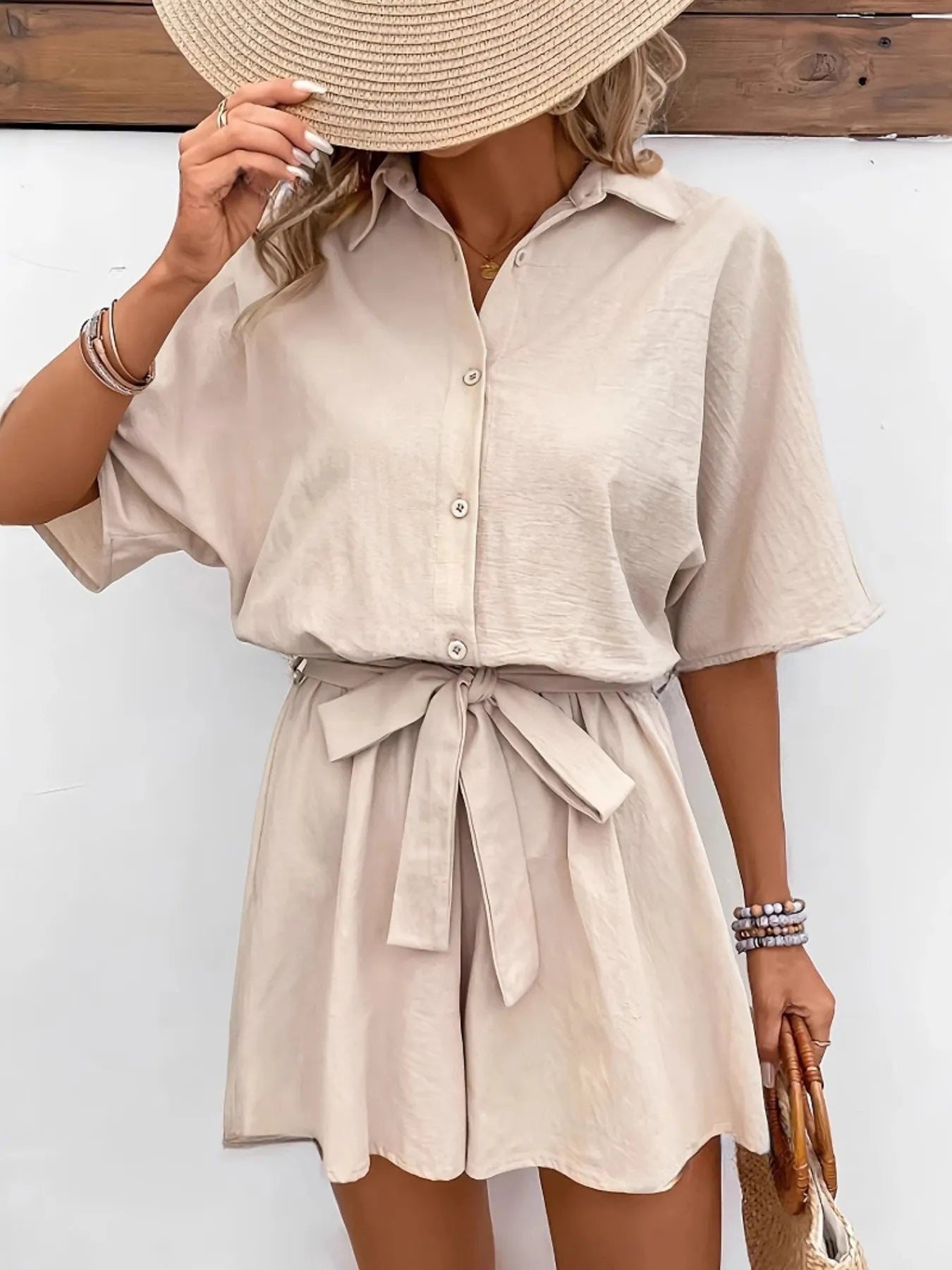 Button Front Tie Waist Romper
