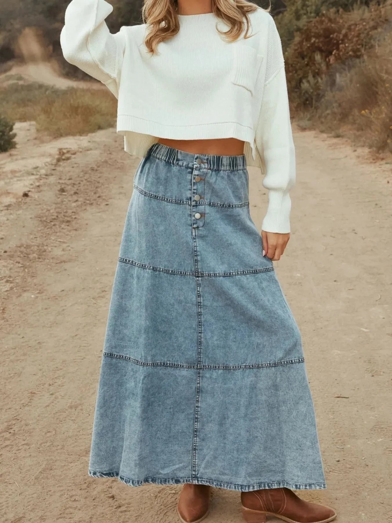 Button-Front Tiered Maxi Denim Skirt