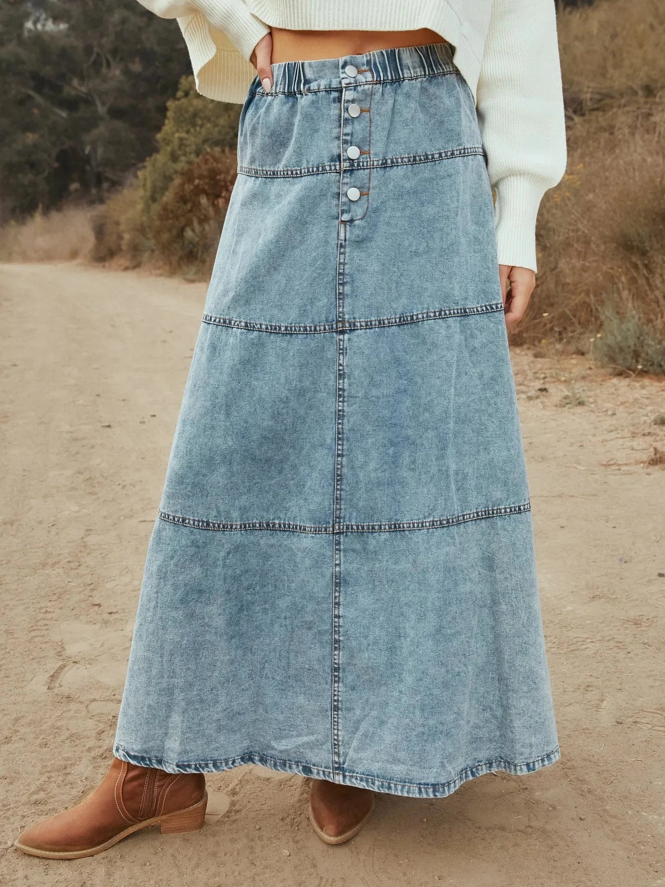 Button-Front Tiered Maxi Denim Skirt Snow Color / S