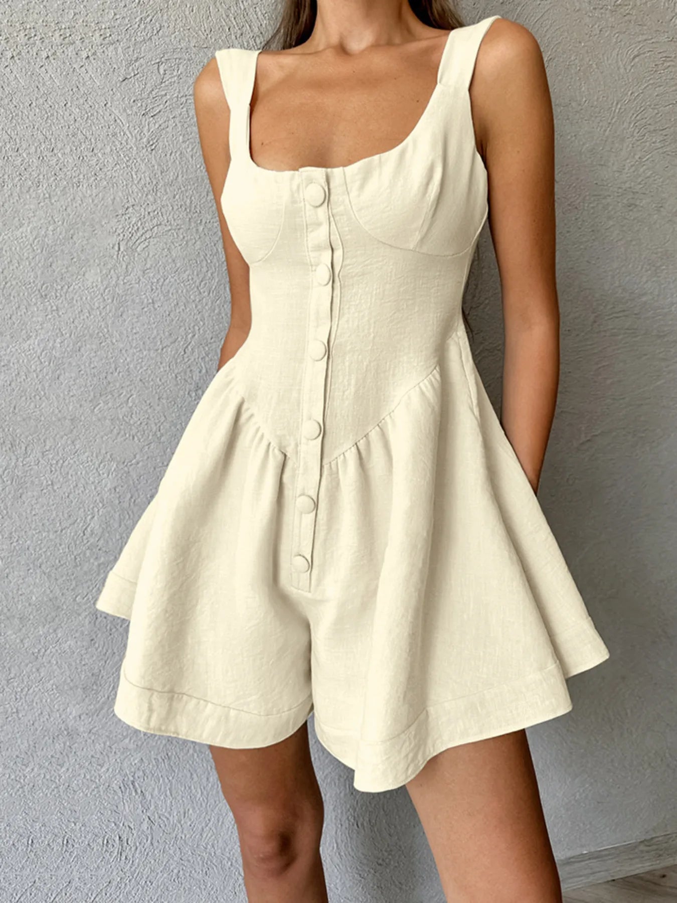 Button-Front Wide Strap Romper Khaki / S
