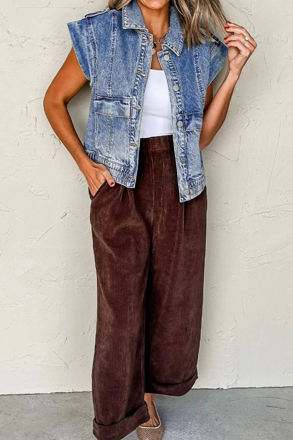 Button Up Cap Sleeve Denim Jacket