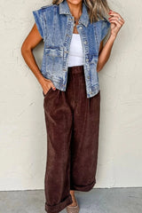 Button Up Cap Sleeve Denim Jacket