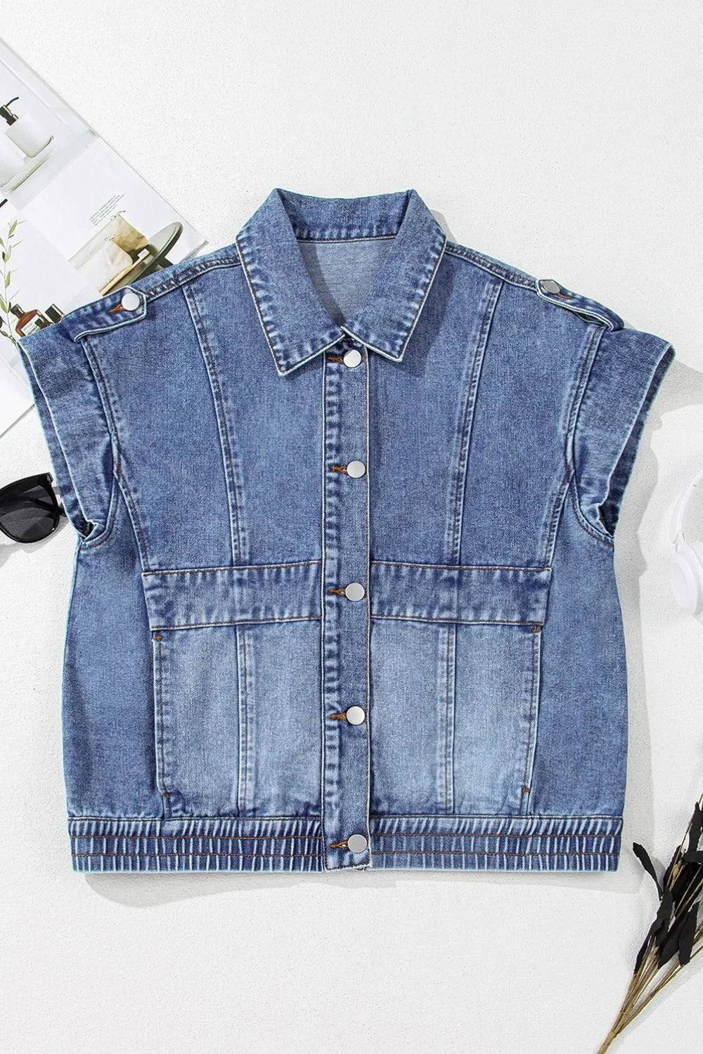 Button Up Cap Sleeve Denim Jacket