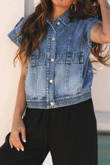 Button Up Cap Sleeve Denim Jacket