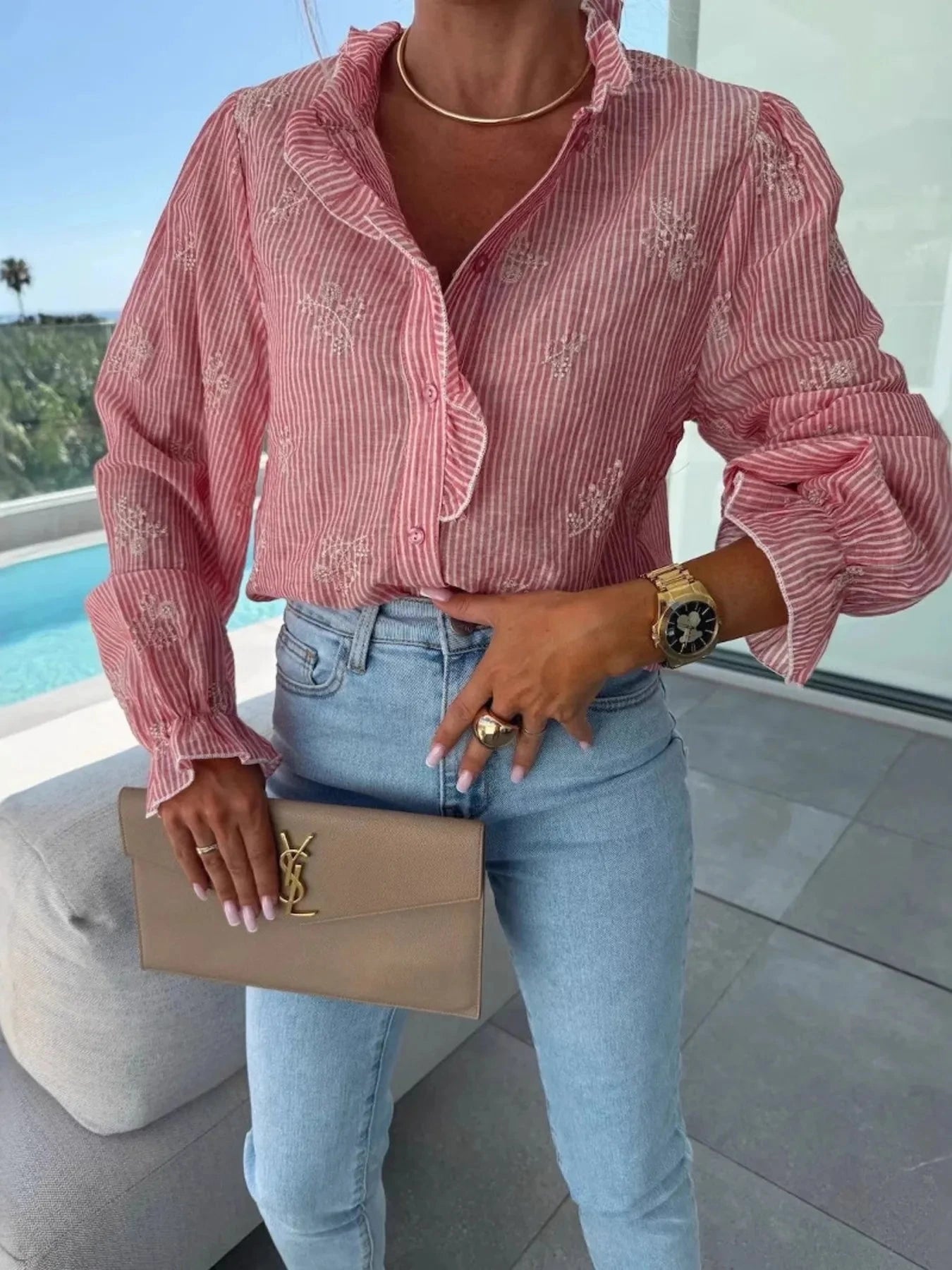 Button Up Flounce Sleeve Shirt