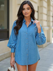 Button Up Lantern Sleeve Oversized Shirt Blue / S