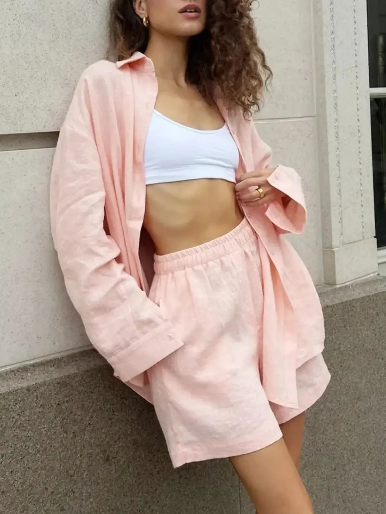 Button Up Long Sleeve Shirt and Shorts Set Light Pink / S