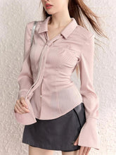 Button-Up Long Sleeve Shirt with Tie Blush Pink / M
