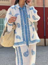 Button Up Printed Shirt and Pants Set Light Blue / S