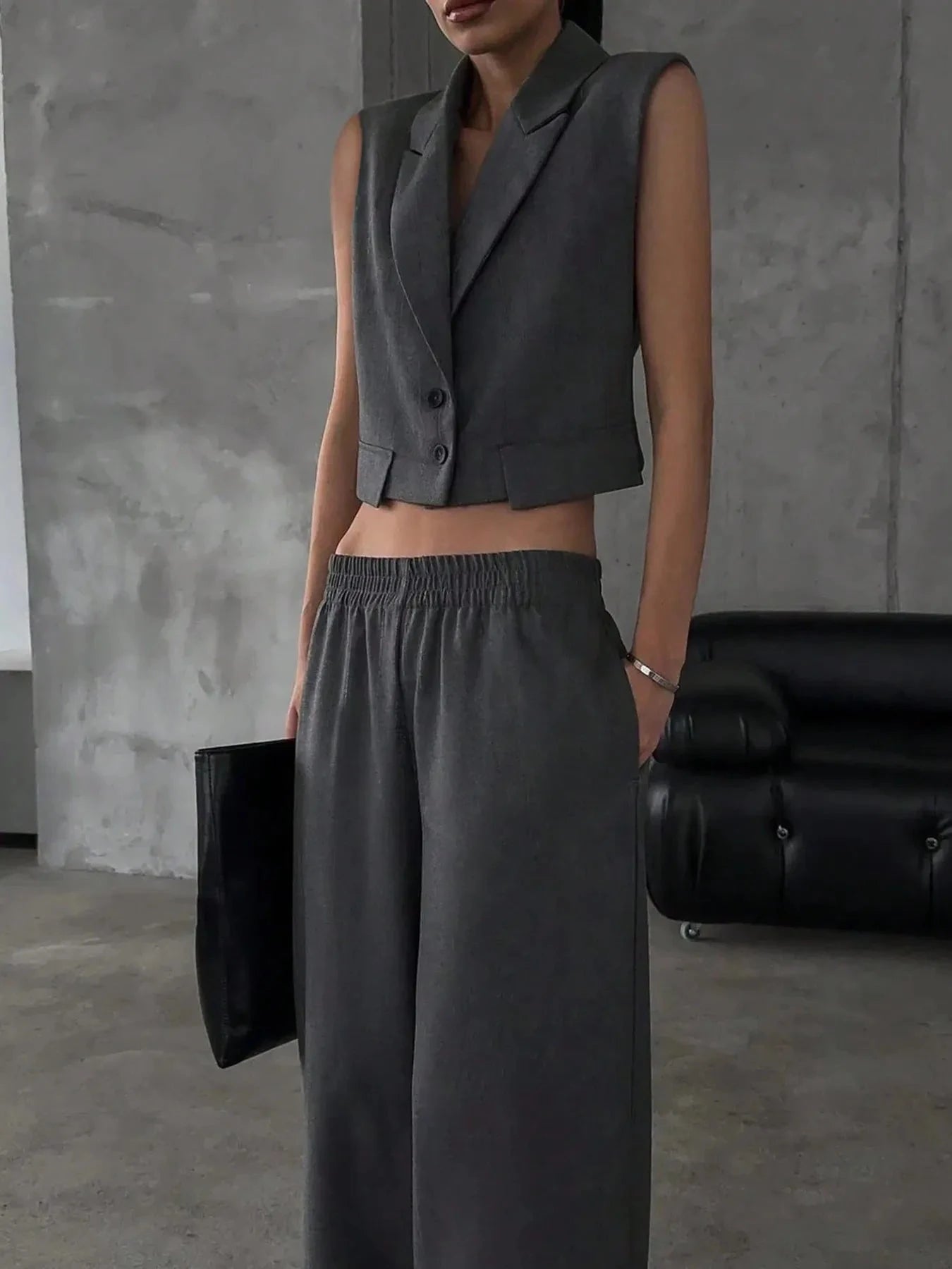 Button Up Sleeveless Top and Pants Set Dark Gray / XS