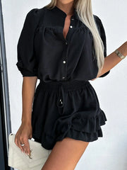 Button Up Top and Ruffled Skirt Set Black / S