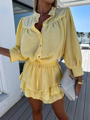 Button Up Top and Ruffled Skirt Set Yellow / S