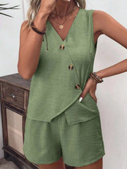 Button Up Vest and Shorts Set Matcha Green / S