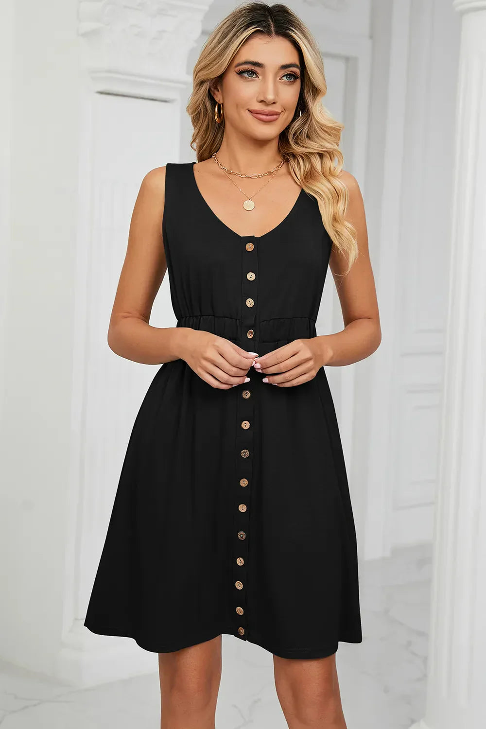 Buttoned Wide Strap Mini Dress Black / S