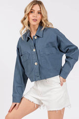 bytos Button Down Cropped Denim Jacket with Patch Pockets French Blue / S