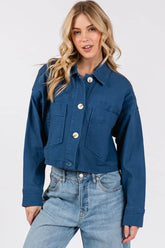 bytos Button Down Cropped Denim Jacket with Patch Pockets Peacock Blue / S