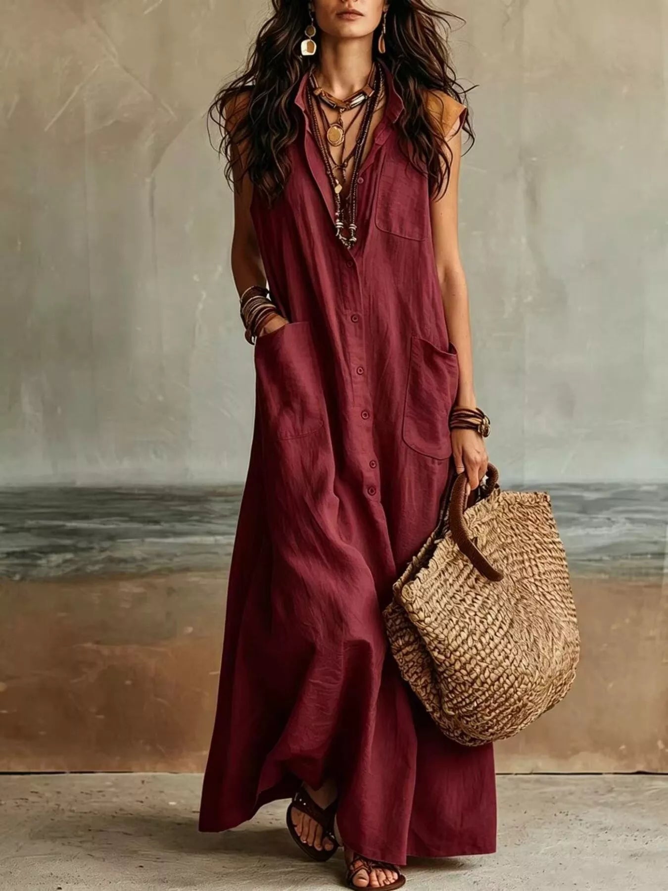 Burgundy sleeveless button down linen maxi dress in full front view with woven tote bag