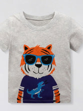 Front view of a light gray children's t-shirt with an orange tiger wearing blue sunglasses