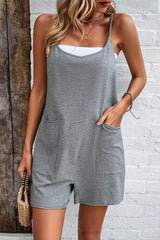 Women's romper with spaghetti straps and pockets in an opaque cotton-blend fabric.