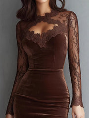 Close front view of the lace cutout neckline of a coffee velvet lace bodycon dress