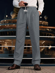 Men's grey striped pants with wide legs and pockets.