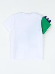 Back view of a plain white children's t shirt with a green sleeve and navy spikes