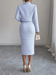 Back view of light blue tweed dress worn with the cropped cardigan