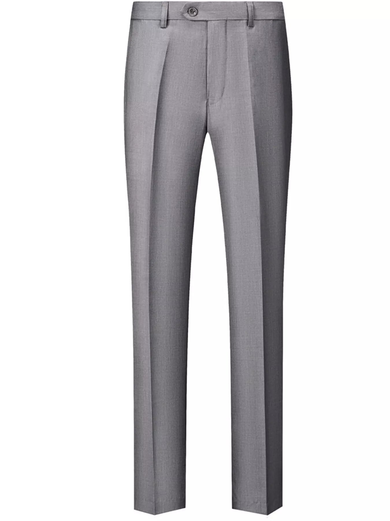 Men's light gray dress pants with a slim fit and button closure.