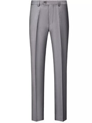 Men's light gray dress pants with a slim fit and button closure.