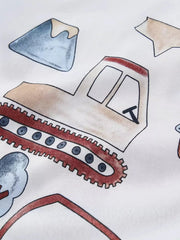 Close up of beige excavator print with red tracks on white children's short sleeve t-shirt