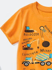 Angled close-up of the tangerine crew neckline, sleeve and construction vehicle graphics on a children's T-shirt