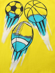 Close up of soccer basketball and football graphics with blue motion streaks on canary yellow children's t-shirt