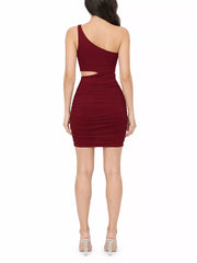 Back full length view of burgundy one shoulder cutout ruched bodycon mini dress on a white background