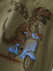 Close-up detail of the dinosaur wearing a striped scarf while riding a blue scooter