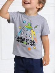 Children's gray short-sleeve T-shirt featuring an outer space graphic.
